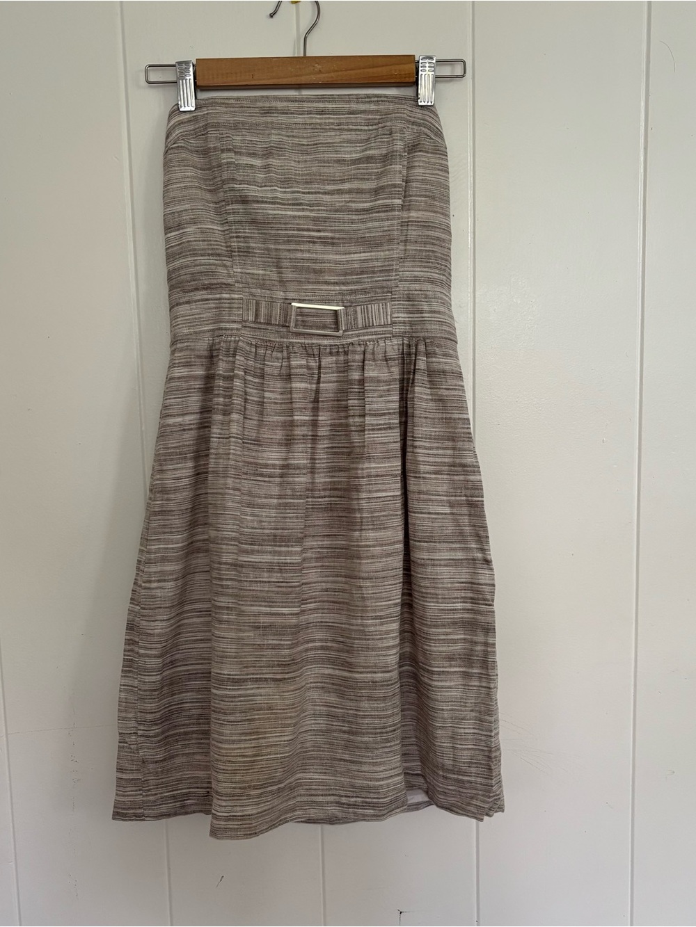 Banana Republic Strapless Taupe-Striped Midi Dress with Buckle